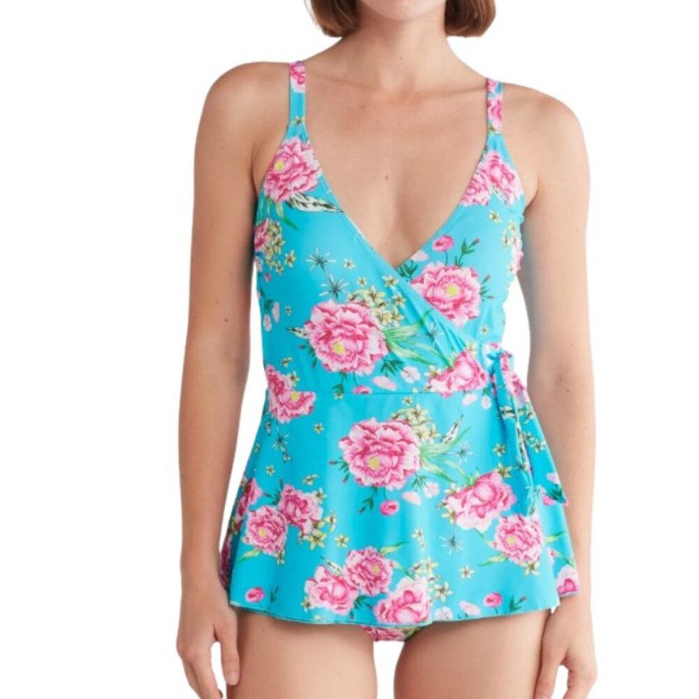 NWT Betsey Johnson Faux Wrap Skirted One-Piece Swimsuit SZ SMALL $128 Sky Peony